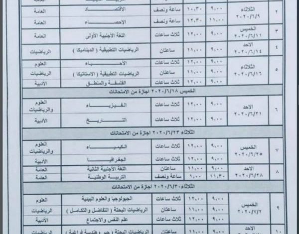 جدول امتحانات الثانوية العامة المعدل 2020 من وزارة التربية والتعليم