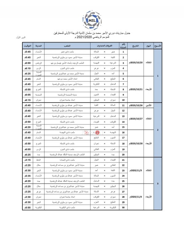 جدول الدور الأول من الموسم الرياضي 2020-2021 من مسابقة دوري الأمير محمد بن سلمان للدرجة الأولى للمحترفين جدول الدور الأول من الموسم الرياضي 2020-2021 من مسابقة دوري الأمير محمد بن سلمان للدرجة الأولى للمحترفين